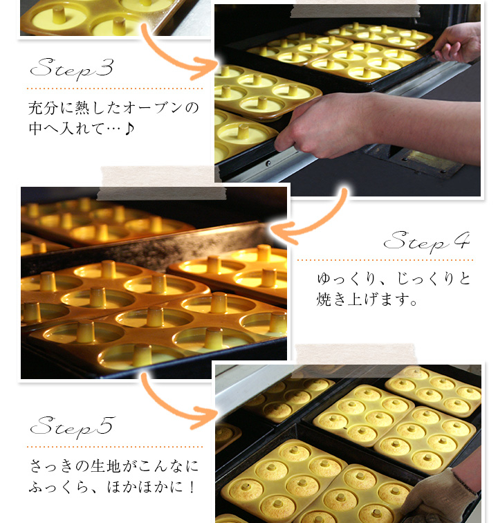 充分に熱したオーブンの中へ入れて…ゆっくり、じっくりと焼き上げます。さっきの生地がこんなにふっくら、ほかほかに!